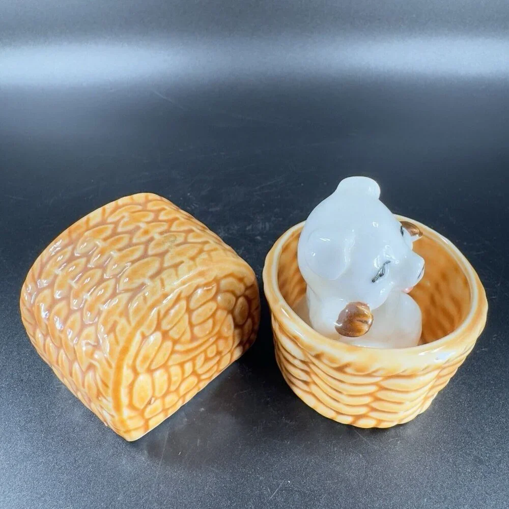 Vintage 1980s Porcelain Pings In Woven Basket Figurine‎ Set Made On Taiwan VTG